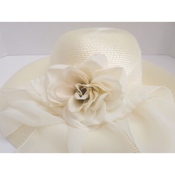 Vintage Marionette Wide Brim Womens Hat W/ Box Ivory Floral Ribbon 15\